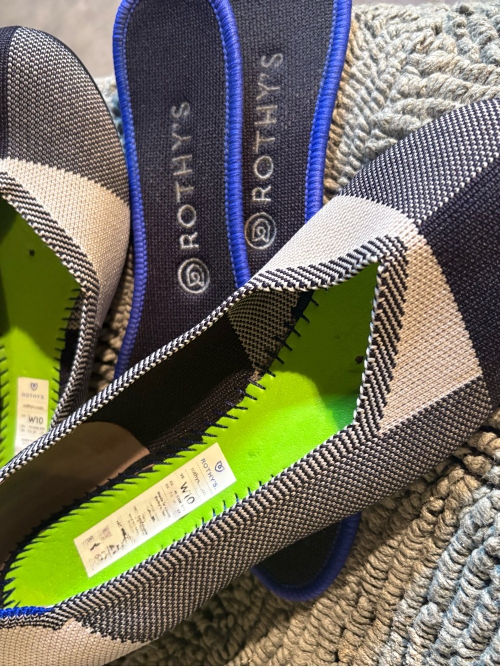 Rothy's Black & White Knit Flats with Neon Green Insole and Blue Trim
